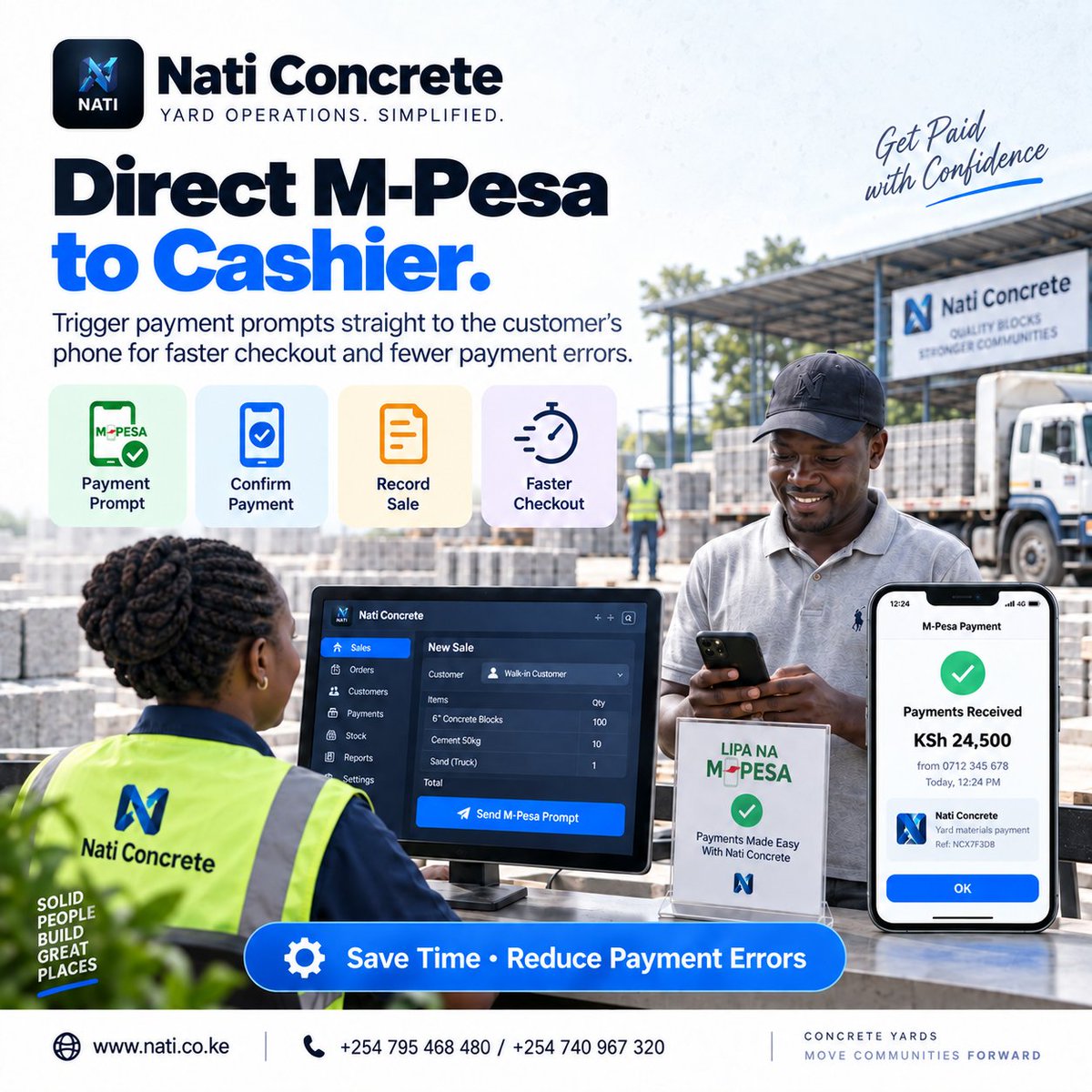 NATIERPke's tweet photo. Make checkout easier. 📲 Nati Concrete lets the cashier trigger an M-Pesa payment prompt directly to the customer’s phone, helping save time and reduce payment errors. 🌐 https://t.co/D5gr3iDRBs #NatiConcrete #MPesa https://t.co/2OYy5lW8vn