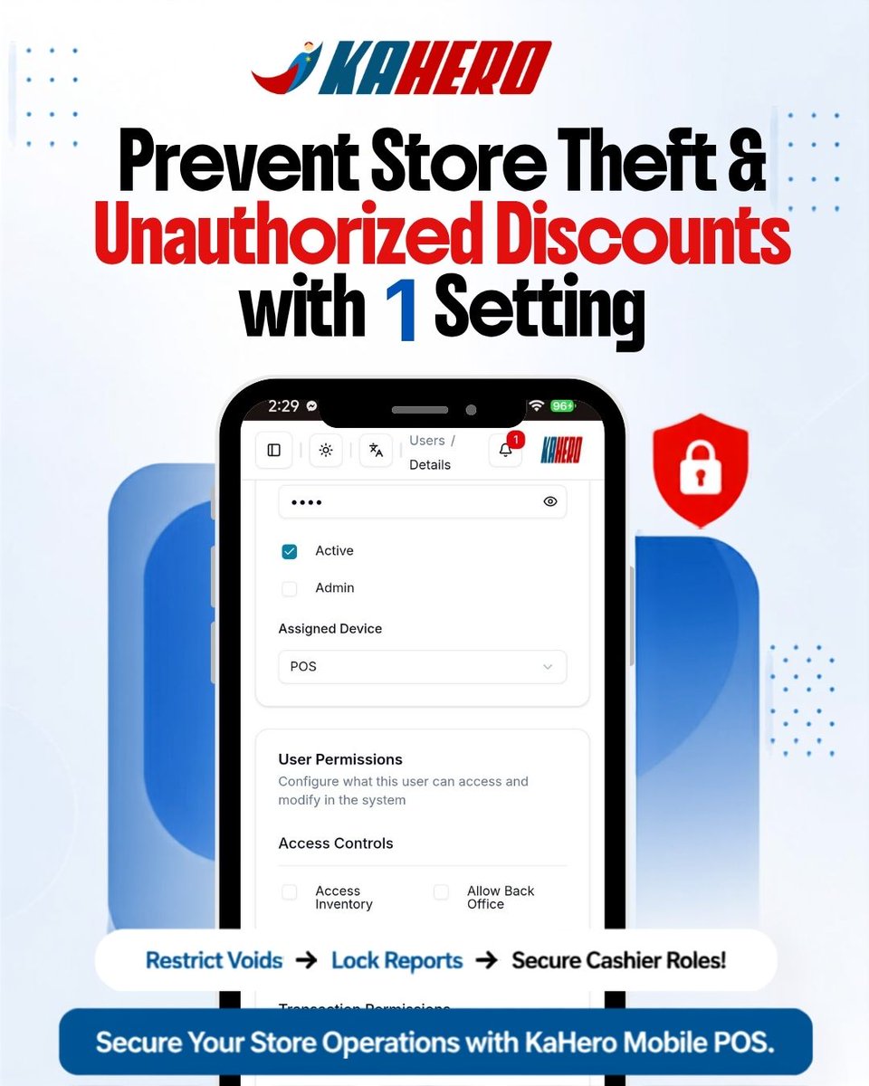KaHeroPOS's tweet photo. Protect your business from internal discrepancies. Restrict voids, custom pricing, and financial reports to managers only on KaHero Mobile POS
#KaHeroPOS #POSSecurity #POSSystem #PointOfSaleSystem #MobilePOS https://t.co/3hZ3qerPjt