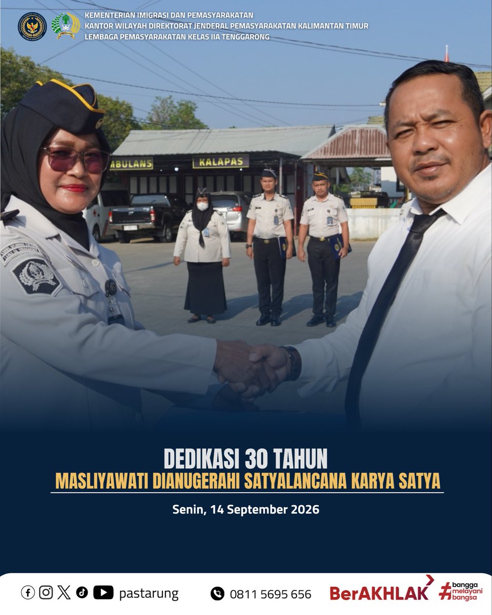 pastarung's tweet photo. Selamat kepada Masliyawati, pegawai Lapas Kelas IIA Tenggarong, atas dianugerahkannya Tanda Kehormatan Satyalancana Karya Satya 30 Tahun.

Penghargaan ini menjadi bentuk apresiasi atas pengabdian, kesetiaan, kejujuran, dan kedisiplinan dalam menjalankan tugas sebagai abdi negara. https://t.co/kAiy8Vnxyf