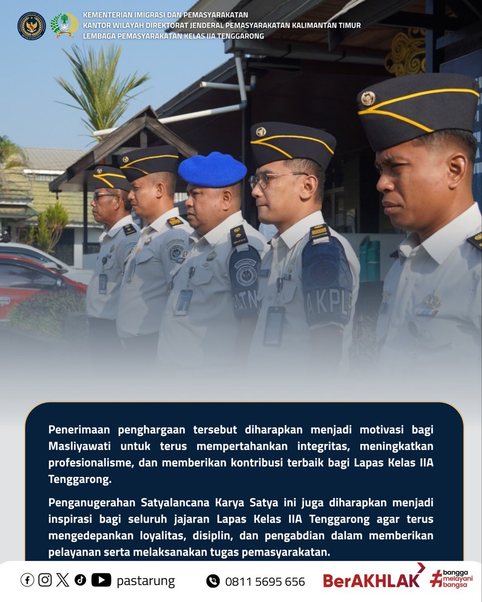 pastarung's tweet photo. Selamat kepada Masliyawati, pegawai Lapas Kelas IIA Tenggarong, atas dianugerahkannya Tanda Kehormatan Satyalancana Karya Satya 30 Tahun.

Penghargaan ini menjadi bentuk apresiasi atas pengabdian, kesetiaan, kejujuran, dan kedisiplinan dalam menjalankan tugas sebagai abdi negara. https://t.co/kAiy8Vnxyf