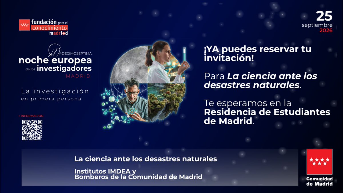 IMDEAInstitutes's tweet photo. 👋🏼 ¡¡Estás más que invitado a La ciencia ante los desastres naturales!!
🗓️ 18:00h del viernes 25.
🏠 En la Residencia de Estudiantes.
🎫 Puedes solicitar tu entrada en: https://t.co/Q2orRatbye
#NightMadrid #BomberosCM
@ComunidadMadrid @educacmadrid @MAmbienteCM @112cmadrid https://t.co/Yk4H2sgr4t