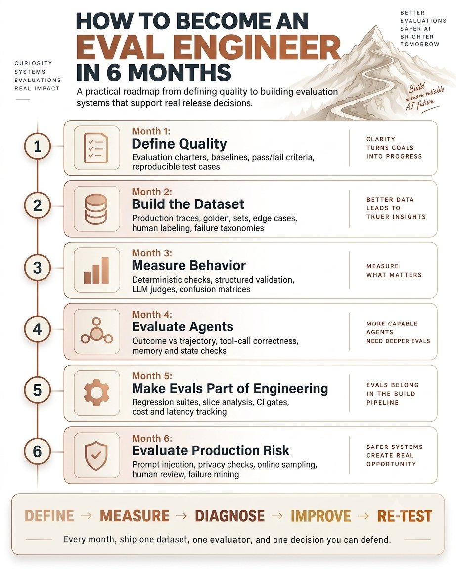 Eval engineer roadmap showing a six-step path from defining quality and building datasets to evaluating agents, adding CI gates, and testing production risk