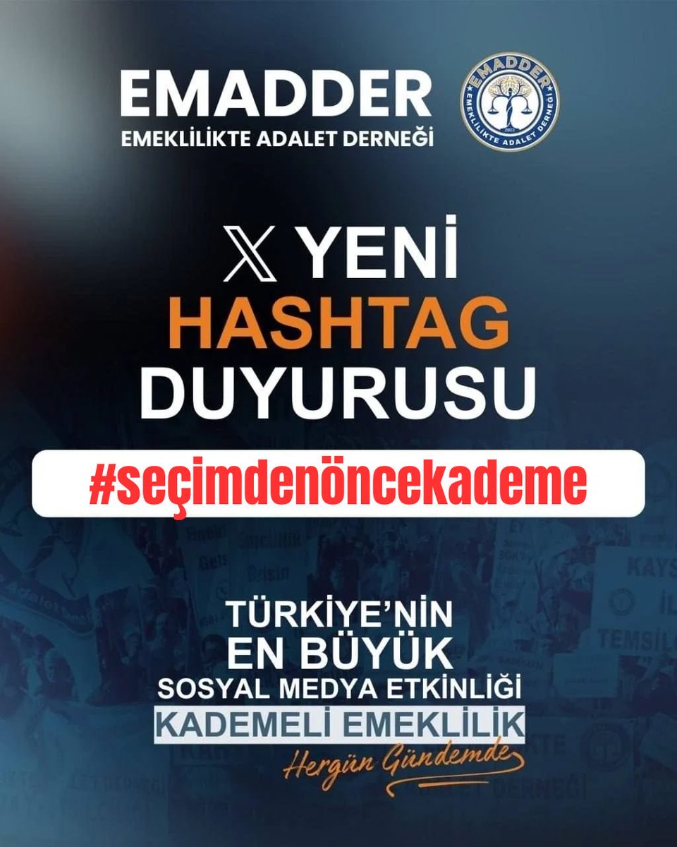 EmadDernegi's tweet photo. ‼️📣 YENİ TAG DUYURUSU 📣‼️
👇👇👇
@EmadDernegi
#seçimdenöncekademe

Anayasanın eşitlik ilkesi, adalet ve hakkaniyet gereği emeklilikte adil bir düzenleme istiyoruz.

Aynı sistemde çalışan insanlar, yalnızca işe giriş tarihlerindeki fark nedeniyle yıllarca beklememeli.

Biz erken emeklilik değil, adil ve hakkaniyetli bir geçiş istiyoruz.

Bir günle başlayan mağduriyet artık son bulsun!
Artık çözüm zamanı!
Seçimden önce Kademeli Emeklilik yasalaşsın!

Tek ses, tek yürek, tek hedef: KADEMELİ EMEKLİLİK!

Emeklilikte Adalet Derneği 

@EmadDernegi
#seçimdenöncekademe

Telegram: https://t.co/NWANCZuWpB
@Akparti @yenipartiyiz @MHP_Bilgi  @herkesicinCHP @rprefahpartisi @tipgenelmerkez @zaferpartisi @SaadetPartisi @devapartisi @bbpgenelmerkez @anahtarparti @DSPGenelMerkez @iyiparti