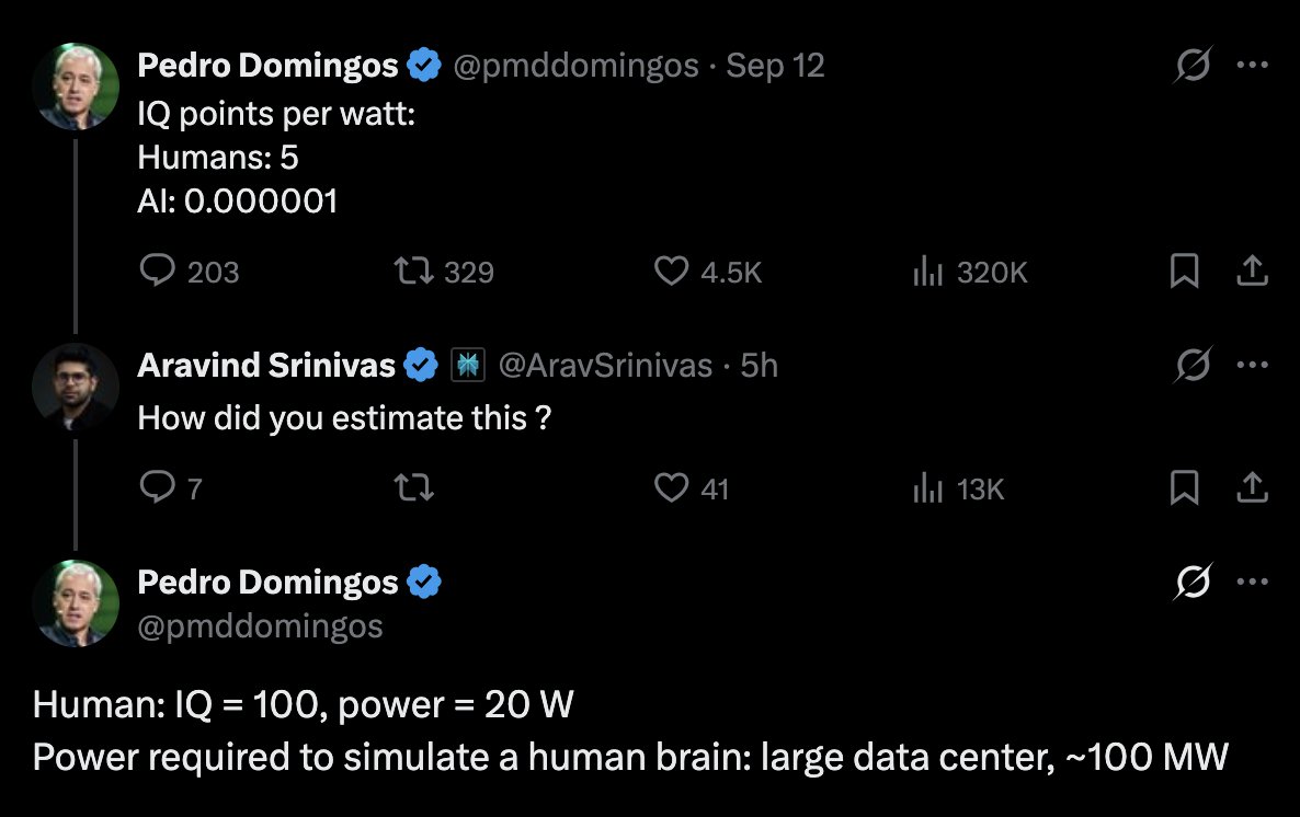 Screenshot of Pedro Domingos's “IQ points per watt” claim and Aravind Srinivas's rebuttal asking how the estimate was derived