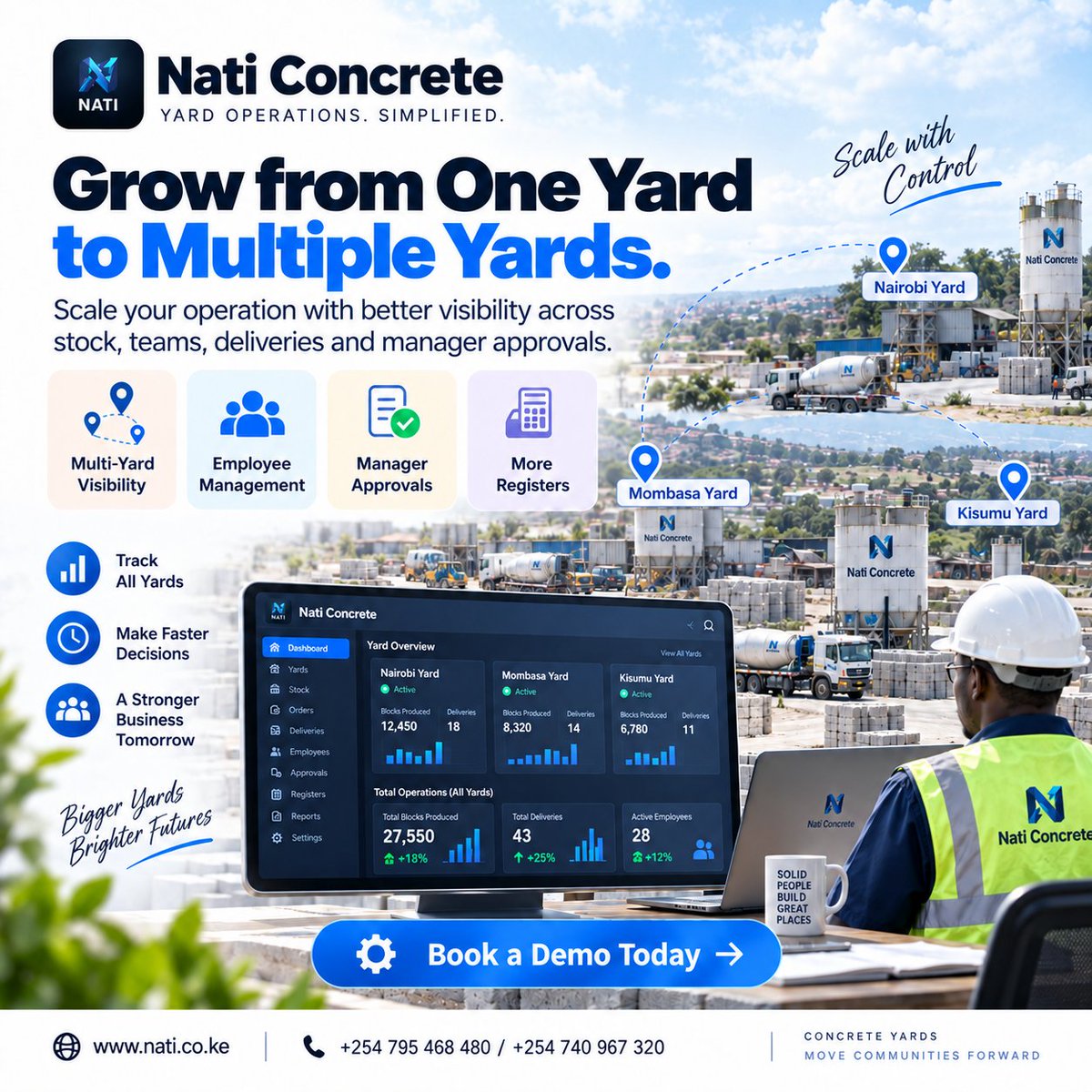 NATIERPke's tweet photo. One yard today. Multiple yards tomorrow. Nati Concrete grows with your operation—from sales and stock to recipes, dispatch, staff, approvals and multi-yard management. 🌐 https://t.co/D5gr3iDRBs #NatiConcrete #ConcreteManufacturing https://t.co/6VrITWi00C