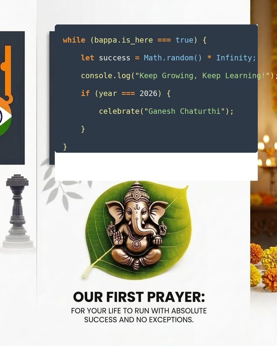 techindro's tweet photo. ॐ एकदन्ताय विद्महे वक्रतुण्डाय धीमहि, तन्नो दन्ती प्रचोदयात॥ 🙏

while(https://t.co/MpLZsovuvG_here){
  life.remove(bugs);
  life.append(blessings);
}

#GaneshChaturthi #TechIndro #GanpatiBappaMorya https://t.co/21XeN5y8pI