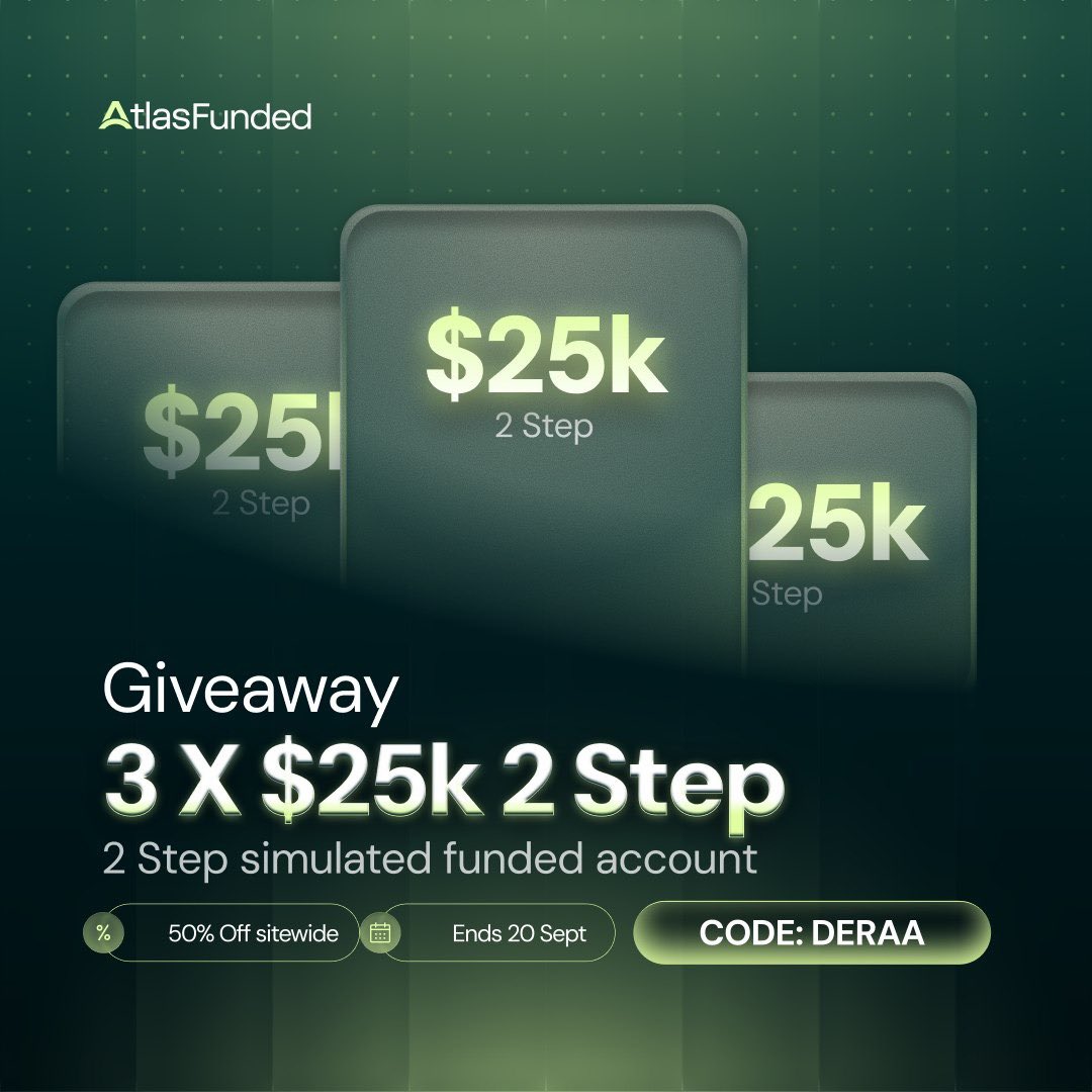 FinancialDera's tweet photo. GIVEAWAY: 3 x $25K 2-Step accounts

To enter:
→ Connect with  @FinancialDera @LAntonioAF @atlasfunded @atlasfutures

→ Like + RT

Winners in 7 days.

Bonus: DERAA is 50% off sitewide, and I'm gifting a $50K Instant to one person who picks up an account this week with my code. https://t.co/FQ4sWuR9wA