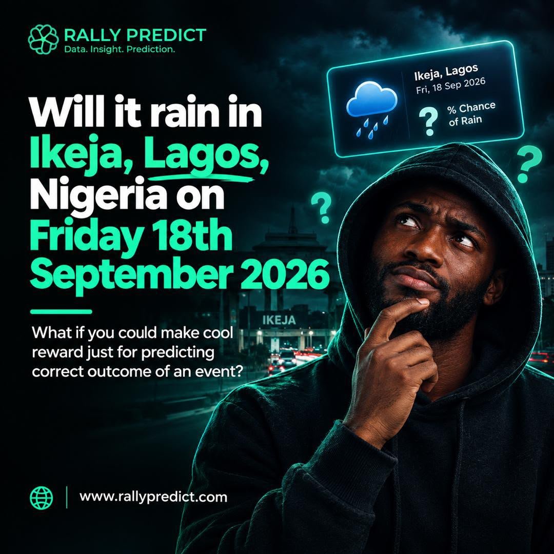 RallyPredict's tweet photo. 🌧️ Will it rain in Ikeja on Friday, 18th September?

What if you could do more than just check the weather, you could predict  and get rewarded for getting it right? 

Visit https://t.co/oQp23IcGhO to find out more.

#rallypredict #datainsight #predictandwin #weatherprediction https://t.co/qiOdKLSFvb