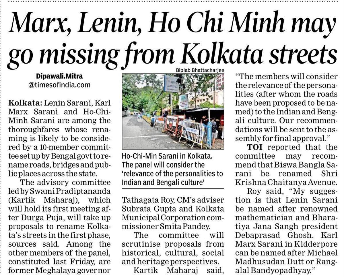 svaradarajan's tweet photo. Not a smart move by @SuvenduWB right after the BRICS summit to strip Kolkata of street names honouring iconic, historic personalities from Russia, Viet Nam, Germany. https://t.co/AKKnRICgSN