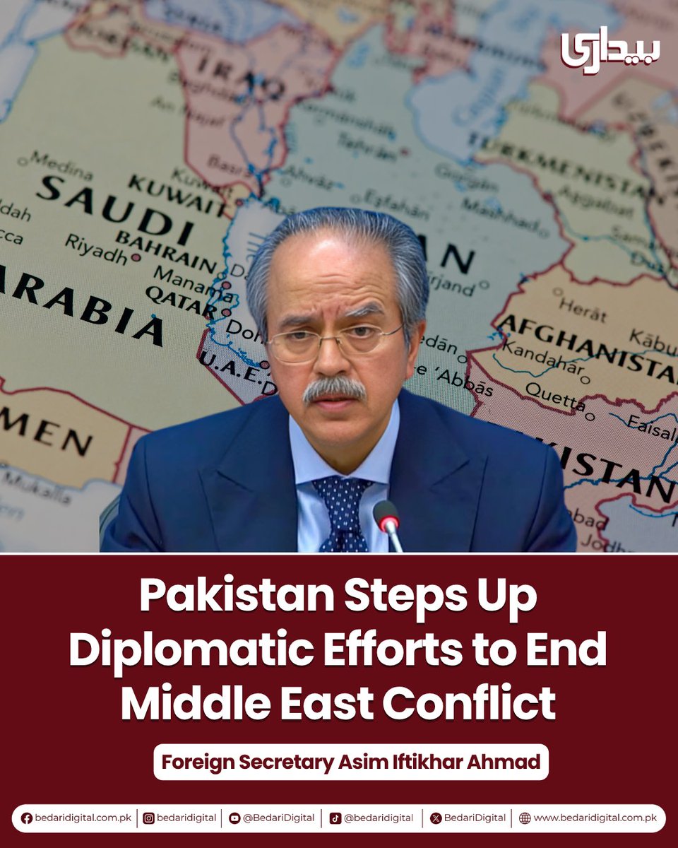 BedariDigital's tweet photo. Pakistan is stepping up diplomatic efforts to help end the ongoing conflict in the Middle East, with Foreign Secretary Asim Iftikhar Ahmad saying Islamabad is seeking a peaceful resolution through dialogue and mechanisms recognised under international law and the United Nations framework.

Speaking to Media, Ahmad said Pakistan’s immediate priority was to push for a ceasefire, reduce tensions and bring the conflicting parties back to the negotiating table as the regional situation continues to deteriorate.

“Our effort is to find a peaceful and international solution to the conflict under UN laws,” the foreign secretary said, stressing that disputes should be resolved through negotiations rather than war.

for details: https://t.co/DAtnUwiRy1