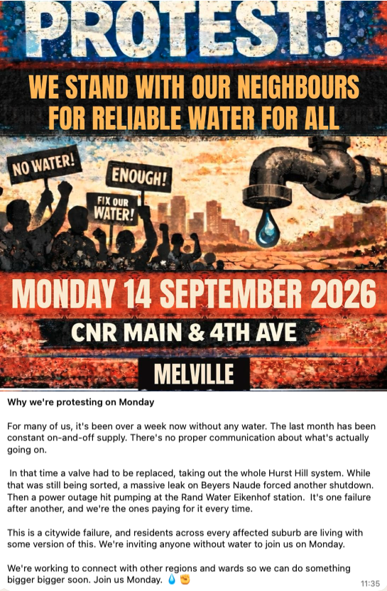DominiqueMasson's tweet photo. 7/8 This morning’s Melville water protest was small. Its significance is not its size.
It was shared across WhatsApp and community groups, and residents are connecting across wards. The longer leadership treats this crisis as routine, the wider that organising will become. @CityPowerJhb @Eskom_SA @Rand_Water @DadaMorero @PresidencyZA