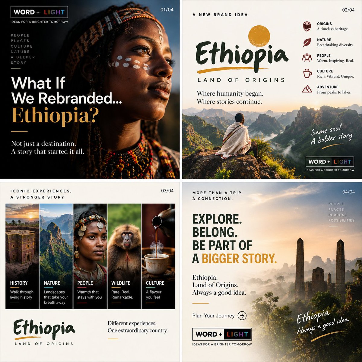wordpluslight's tweet photo. What if we reimagined Ethiopia as a tourism brand? 🇪🇹
Not just another destination. A story that started it all.

Origins. Culture. People. Nature. Adventure.

ETHIOPIA — LAND OF ORIGINS
Where humanity began. Where stories continue.

A bigger story. @PMEthiopia @pr_mot_ET https://t.co/Q3LNJCepM4