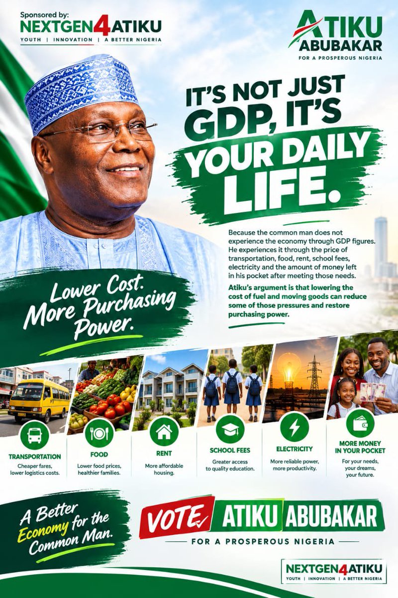 PRINCEOdafeEJ's tweet photo. It's not just GDP, it's your daily life. Lower cost and more purchasing power. 
Vote Atiku/Amaechi for a better economy.
#NextGen4Atiku
#thenarrativeforce https://t.co/P5D1chlSFF