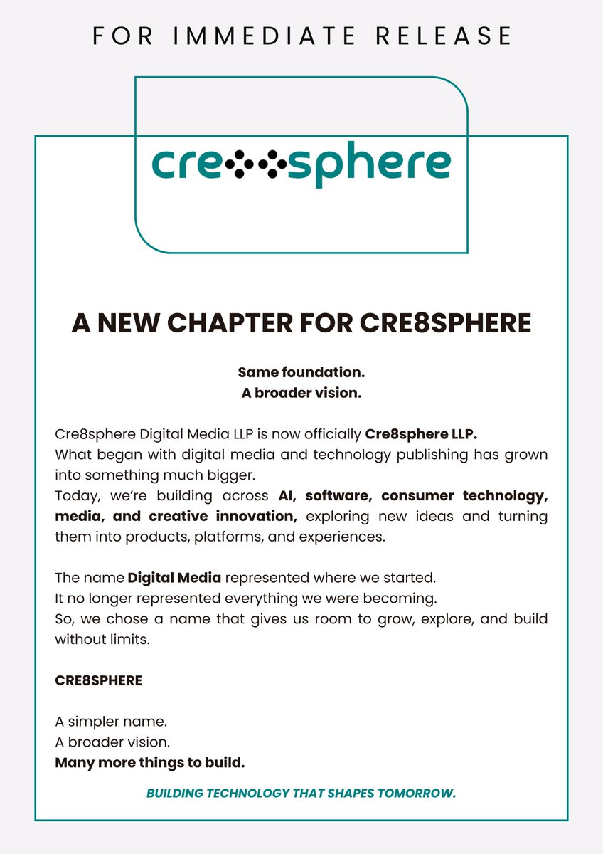 Cre8sphereHQ's tweet photo. A new chapter for Cre8sphere. 

Cre8sphere Digital Media LLP is now officially Cre8sphere LLP — evolving into a broader Technology &amp; Innovation Company.

A simpler name. A broader vision.
Building technology that shapes tomorrow.
Read the full story.
https://t.co/FSmgHR7wWC https://t.co/WVYy9ZJFXk