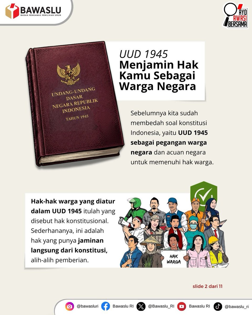 BawasluSubang's tweet photo. Setiap hak #SahabatBawaslu sebagai warga negara dijamin UUD 1945.

Hak konstitusional mencakup banyak hal mulai dari hak bersuara, berkumpul, merasa aman dari tindakan sewenang-wenang, hingga berhak untuk hidup sejahtera dan mendapat kesempatan yang sama. https://t.co/ju6q0N2I3x
