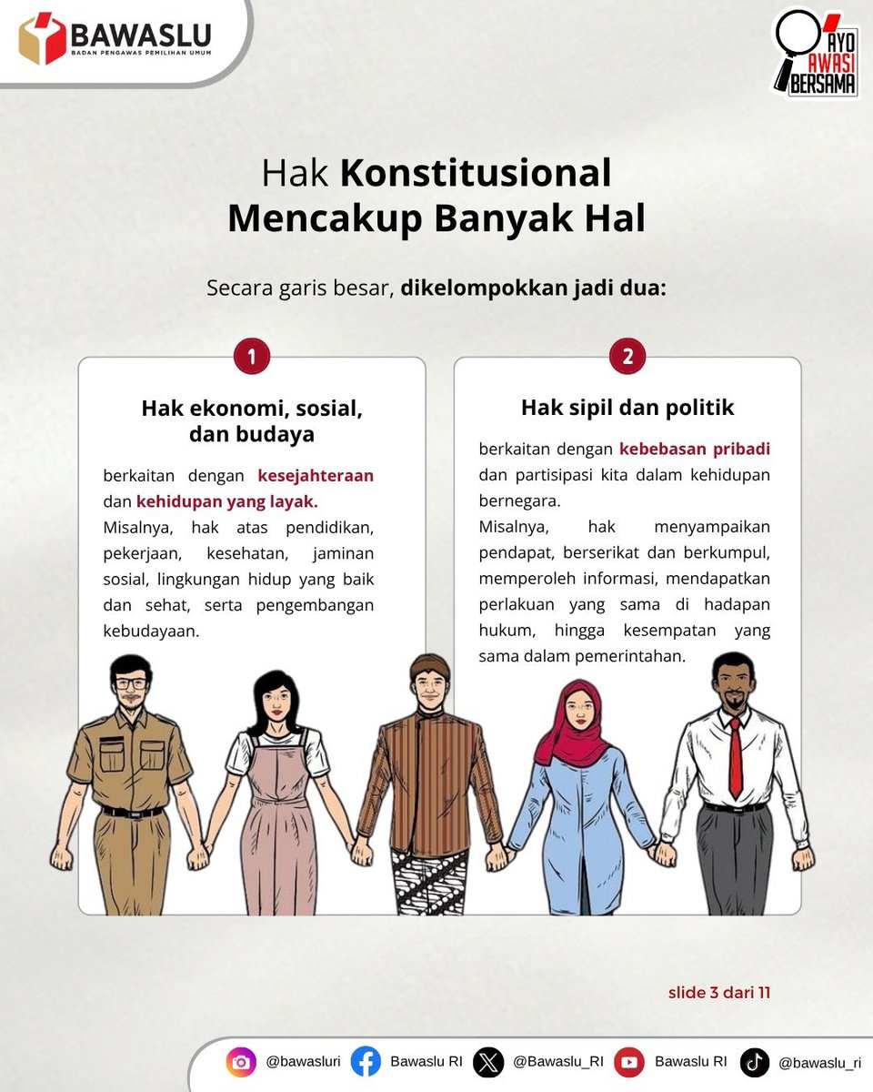 BawasluSubang's tweet photo. Setiap hak #SahabatBawaslu sebagai warga negara dijamin UUD 1945.

Hak konstitusional mencakup banyak hal mulai dari hak bersuara, berkumpul, merasa aman dari tindakan sewenang-wenang, hingga berhak untuk hidup sejahtera dan mendapat kesempatan yang sama. https://t.co/ju6q0N2I3x