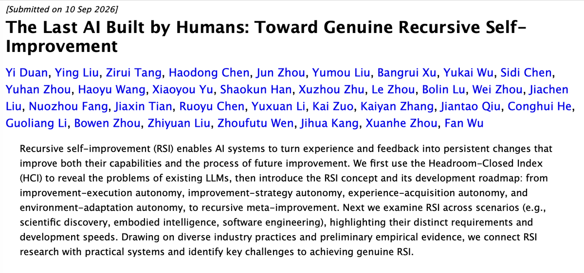 trsrm's tweet photo. Meanwhile in China, researchers wrote 75 pages on how AI could improve itself. There are five stages. In the last one, AI starts changing the way it makes itself smarter.

Looks like humanity got assigned the documentation for the singularity.

https://t.co/vIXsZrMJ09 https://t.co/bRyFyfXnsP