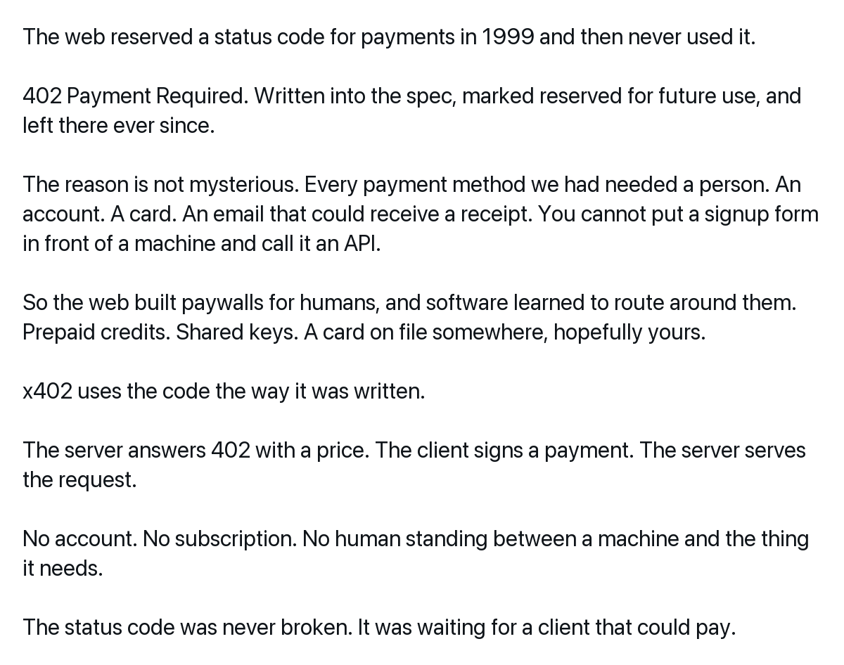 Dinenen_'s tweet photo. The part that gets missed: 402 was never a server problem.

Browsers had no reason to implement a payment status code. Agents do. https://t.co/MZi3ahYqs3