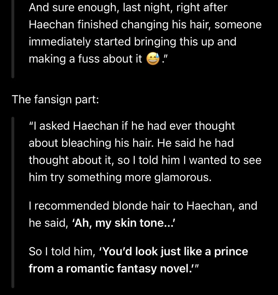 pelovecgssts's tweet photo. Jadi tuh beberapa fans udah menduga haechan bakal bleaching rambut,karena pas tanggal 6 sep di fansign ilichil ada fans yang nyaranin rambut warna ini,krn katanya hc kayak prince dan itu dari fans hc yah bukan karena hc tbtb pengen bleaching,kayaknya dia dengerin saran fansnya 😭 https://t.co/s6pOmcr6Iy