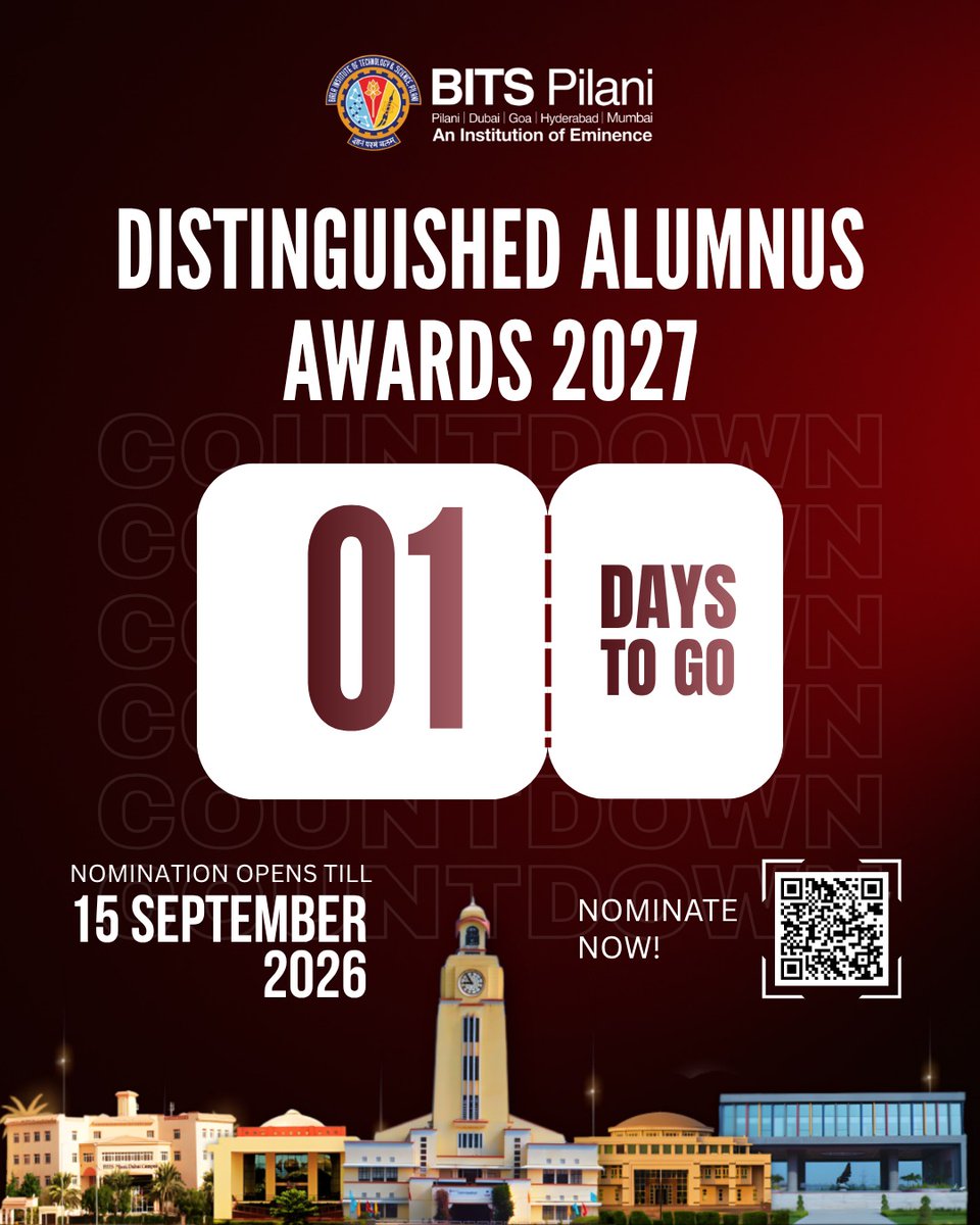 bitsalumni's tweet photo. ⏳ 1 Days to Go! 

Nominate them for the BITS Pilani Distinguished Alumnus Awards (DAA) 2027.  

📅 Nominations close: September 15, 2026

🔗 Nominate now: https://t.co/8pF8HcmgFc

@bitspilaniindia @BITSPilaniGoa @BITSAA @bitshyd
@BITSPilani_WILP 

#BITSAlumni #DAA #BITSPilani https://t.co/cREGeyvWiv