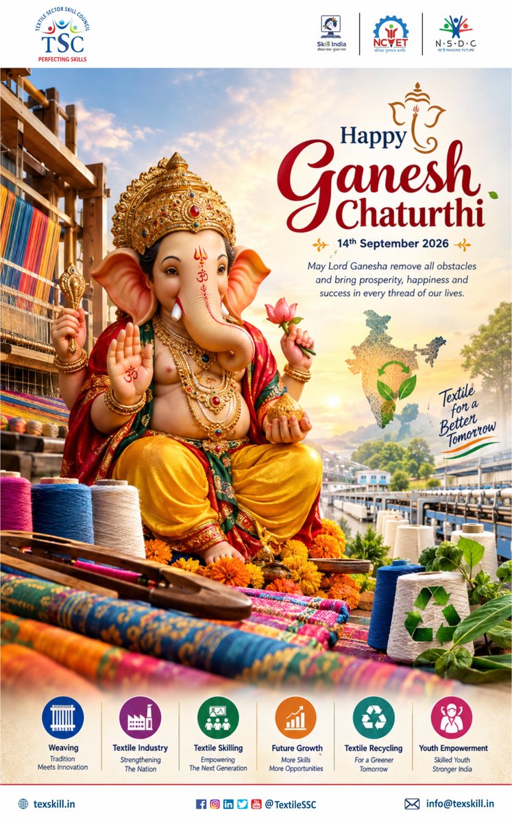 TextileSSC's tweet photo. 🌺🐘 गणेश चतुर्थी की हार्दिक शुभकामनाएँ! 🐘🌺

वक्रतुण्ड महाकाय सूर्यकोटि समप्रभ।
निर्विघ्नं कुरु मे देव शुभ कार्येषु सर्वदा॥

🌸 Happy Ganesh Chaturthi! 🌸

#GaneshChaturthi #GanpatiBappaMorya #GaneshChaturthi2026 #TSC #TextileSectorSkillCouncil #SkillDevelopment #SkillIndia https://t.co/E86qhdP3zA