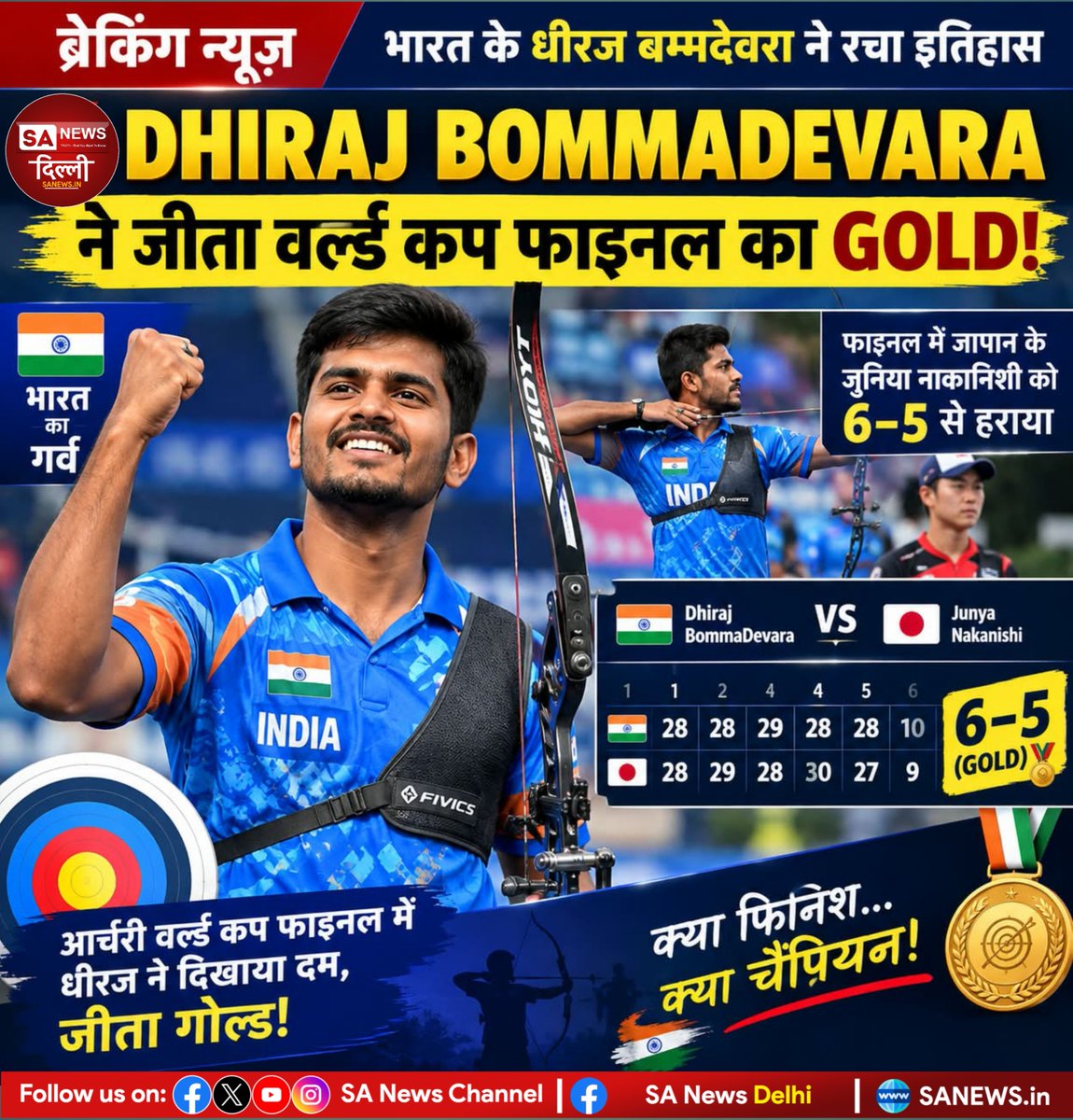 sanewsdelhi's tweet photo. 🥇🇮🇳 धीरज बोम्मादेवरा ने रचा इतिहास! 🏹
रोमांचक फाइनल में जापान के जुन्या नाकानिशी को 6-5 से हराकर धीरज ने तीरंदाजी विश्व कप फाइनल का स्वर्ण पदक अपने नाम किया। 🇮🇳✨
देश को अपने चैंपियन पर गर्व है! 👏🔥
#DhirajBommadevara #Archery #WorldCupFinal #GoldMedal #India #TeamIndia https://t.co/rUebfVwzfP