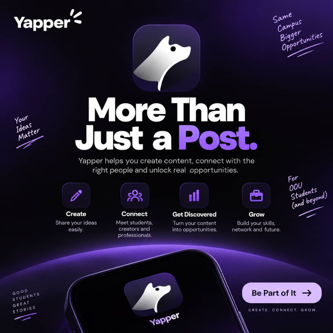 Yapper_oou's tweet photo. More than just a post. 👀💜
Your ideas matter. Your content matters. Your opportunities matter.
Yapper is here to help you create. Connect. Get Discovered. Grow.
Starting with OOU. 🚀
Same campus. Bigger opportunities.
Follow us. The journey starts here. 🐺💜
#YapperOOU #OOU https://t.co/i6Y6lRMFTk