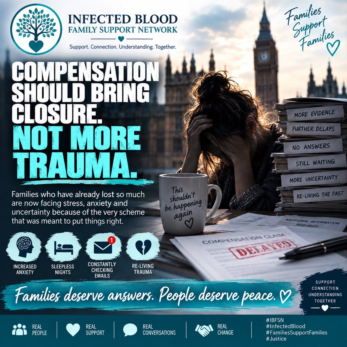 ibvoiceone's tweet photo. The infected blood scandal caused trauma for decades.

The compensation process should not be creating more.

People are describing anxiety, sleepless nights, fear of missing emails, repeated requests for evidence, long silences and uncertainty about when — or whether — their case will move.

For some families, compensation was supposed to represent recognition.

Instead, the process itself is becoming another chapter of the harm.

That should concern everyone.
@andyburnham @IBCA_UK @_Government_UK 
#infectedblood #IBFSN #JusticeForInfectedBlood #CompensationNow