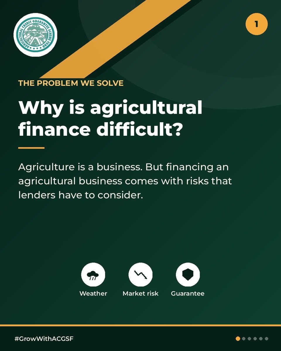 ACGSFNG's tweet photo. Agriculture is essential to our economy.

But for many farmers, turning a good agricultural idea into a growing business requires access to finance.

And accessing that finance isn't always straightforward.

So, what makes agricultural lending different?
#GrowWithACGSF https://t.co/ln6HNGx5P1