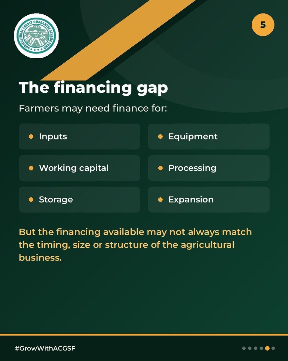 ACGSFNG's tweet photo. For lenders, agriculture comes with its own set of uncertainties, weather, pests, market conditions, production cycles and more.

So how do we make agricultural credit more accessible while managing these risks?
This is where the conversation gets interesting.

#GrowWithACGSF https://t.co/yMI4SoKnfi