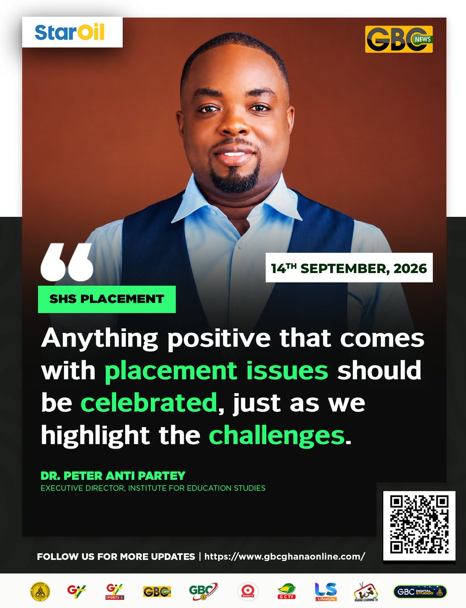 GTV_Ghana's tweet photo. SHS Placement:
Anything positive that comes with placement issues should be celebrated, just as we highlight the challenges.
-Dr. Peter Anti Partey, Executive Director, Institute for Education Studies
#gbcnews
#TalkingPoint https://t.co/XrZ5cPS3UT