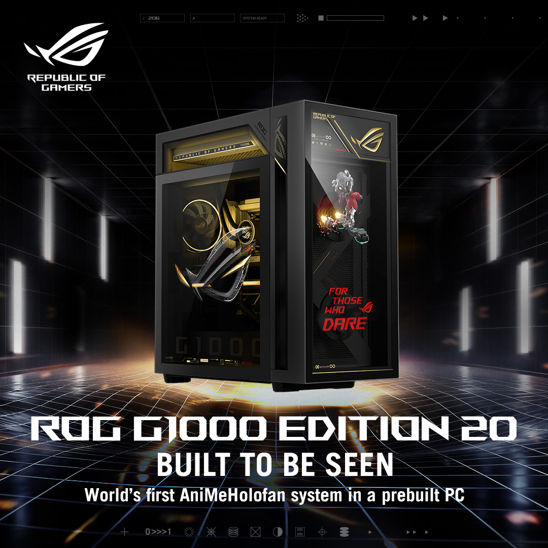 ASUSROGJP's tweet photo. ー #ROGTGS2026、ROGからの挑戦状🗒️

Mission.
🔥日本に一台しかない圧巻の約104LウルトラタワーデスクトップPC
「ROG G1000 Edition 20」を目撃せよ！

ホログラフィックファンシステム「AniMe Holo」を搭載し、アニメーション、ロゴ、好きなキャラクターをシャーシに表示可能。

マザーボード、静音性と強力な冷却性能を兼ね備えた独立チャンバーなど、
ROGが培ってきた20年の技術力を
その目に焼き付けろ。

2026.09.17~09.21
📍ホール6｜06-N03 

#ROG20周年