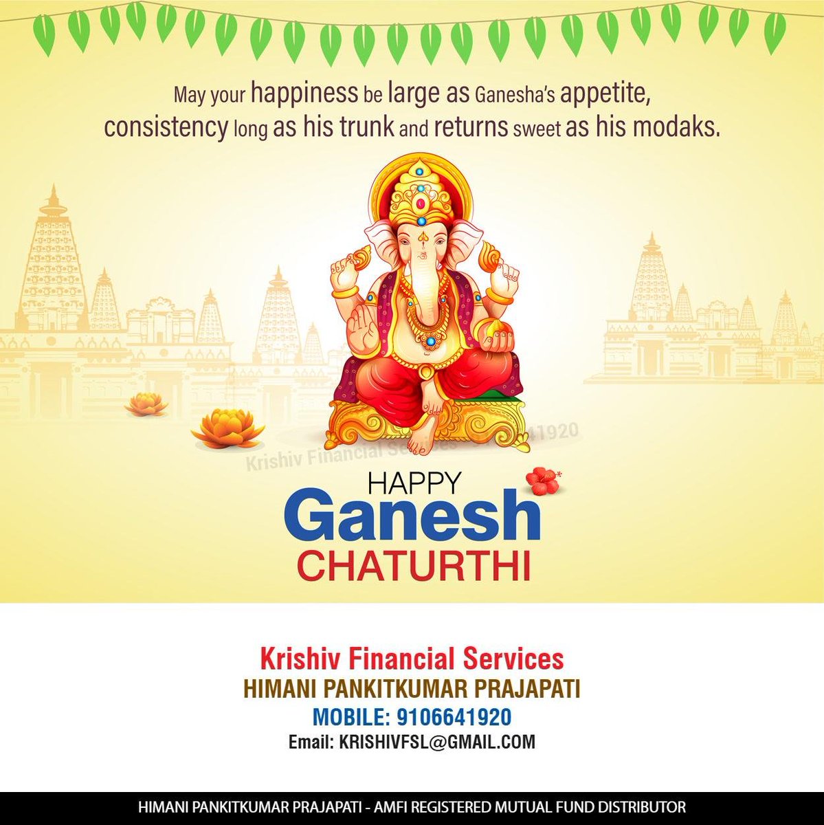 krishivfsl's tweet photo. 🙏🐘 May Lord Ganesha remove all obstacles and bless you with happiness, prosperity and success.

🌺 Happy Ganesh Chaturthi! 🌺
Ganpati Bappa Morya!

— Krishiv Financial Services
📞 9106641920

#GaneshChaturthi #GanpatiBappaMorya #LordGanesha #Prosperity #NewBeginnings https://t.co/aGRUFKG75D