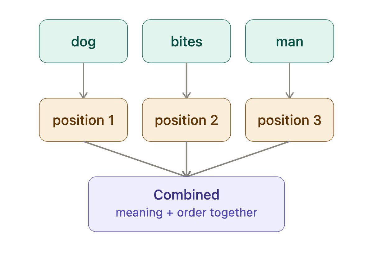 nikiiigoyal's tweet photo. Step 8— Remember the order - A plain meaning-vector alone doesn't know word order.
"Dog bites man" and "man bites dog" would look exactly the same without this step. Big difference in real life though. So each word also gets tagged with its position like a seat number at a table https://t.co/XgvOZhj7co