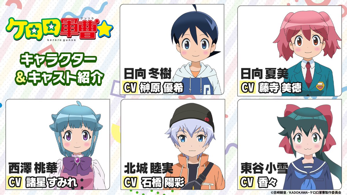 keroro_anime's tweet photo. ☆ ───── ⋆ ───── ☆
     TVアニメ『ケロロ軍曹☆』
追加キャラクター＆キャスト紹介✨
☆ ───── ⋆ ───── ☆
日向 冬樹：#榊原優希
日向 夏美：#藤寺美徳
西澤 桃華：#諸星すみれ
北城 睦実：#石橋陽彩
東谷 小雪：#香々

▼公式サイトも更新！
https://t.co/HTEn4WHFaF

#ケロロ軍曹