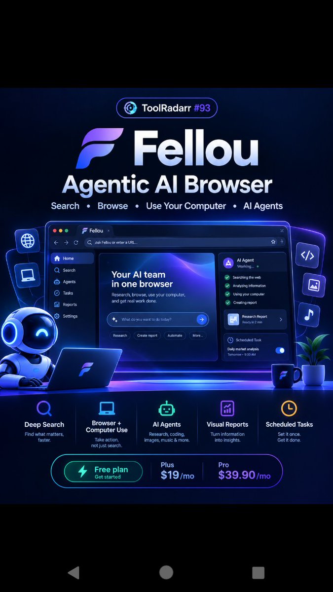 Tool_radarr's tweet photo. ToolRadarr #93 🚀

Fellou is an agentic AI browser that can actually do the work: deep search, browse websites, use your computer, run AI agents, create reports, and automate tasks.

Free plan + Plus $19/mo + Pro $39.90/mo. #fellou #browser #tool_radarr https://t.co/Dd4wJNFRFH