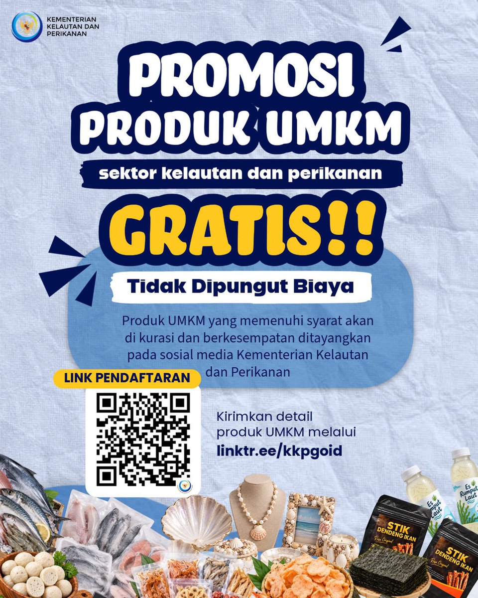lpkp_padang's tweet photo. PROMOSI GRATIS Produk UMKM!!

Tunggu apa lagi, kirimkan detail produk UMKM kamu melalui:
🔗 https://t.co/enFYKvcEIC 
atau bisa langsung SCAN QR CODE di atas yaa ☺️

#PromosiUMKMKKP
#BanggaBuatanIndonesia
#DukungUMKM
#SaktiWahyuTrenggono
#KKPGOID https://t.co/Dqewc03nSc