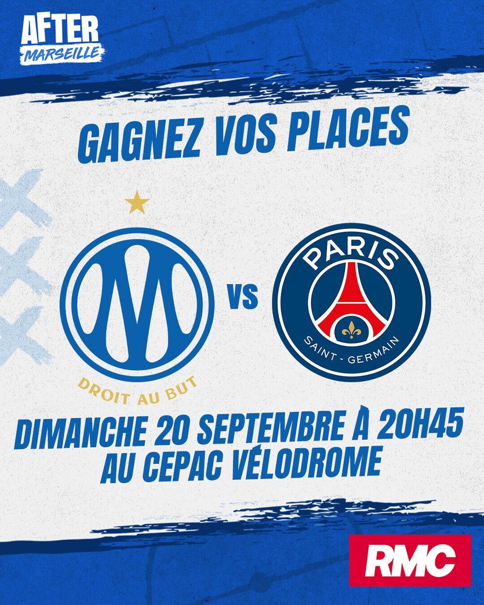 AfterRMC's tweet photo. 🎫 JEU CONCOURS

🎁 Pour la 5e journée de la Ligue 1, l'After Foot vous fait gagner vos places  pour le match OM - PSG ce dimanche 20 septembre à 20H45.

👉 Pour l'emporter RT + follow @AfterRMC + commente ton pronostic pour le match.

🍀 Bonne chance ! https://t.co/98Nrjwo5cc