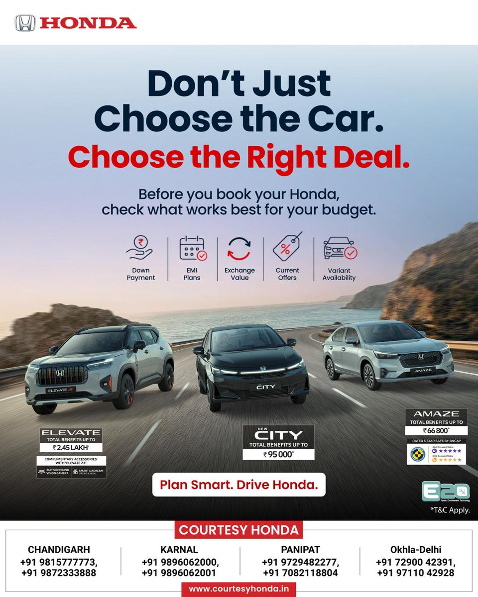 ShaMontalgijwv's tweet photo. Choosing the right Honda is half the journey. Compare down payment, EMI, exchange value, offers and variant availability before booking. Courtesy Honda helps you drive smart and stay within budget. T&amp;C apply. https://t.co/wCW3XX7cnb