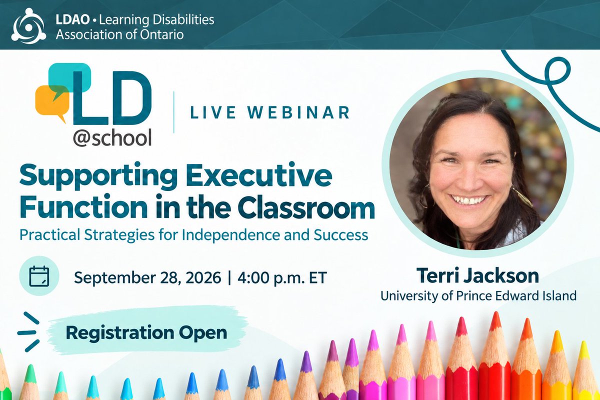 LDatSchool's tweet photo. Back by popular demand!

Join Terri Jackson, Sept 28 at 4 p.m. ET, for a free LD@school webinar featuring practical strategies to support executive function, independence and student success.

Register: https://t.co/WABiMCi1Ff

#ExecutiveFunction #LearningDisabilities #ADHD #LDAO https://t.co/od39hsQ01w