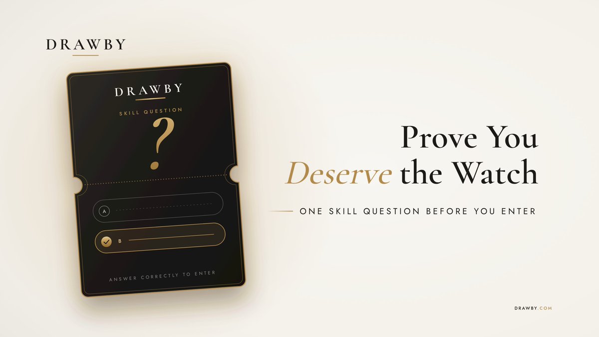 Drawbyofficial's tweet photo. A LUXURY WATCH BELONGS TO SOMEONE WHO KNOWS WATCHES 🧠

Before you enter, you answer one watch-knowledge question. It's a real test. Get it right and you're in. 
Get it wrong twice, and that competition is closed to you.

See how it works: https://t.co/0ZZgHsvhtz https://t.co/KInQIQxI0a
