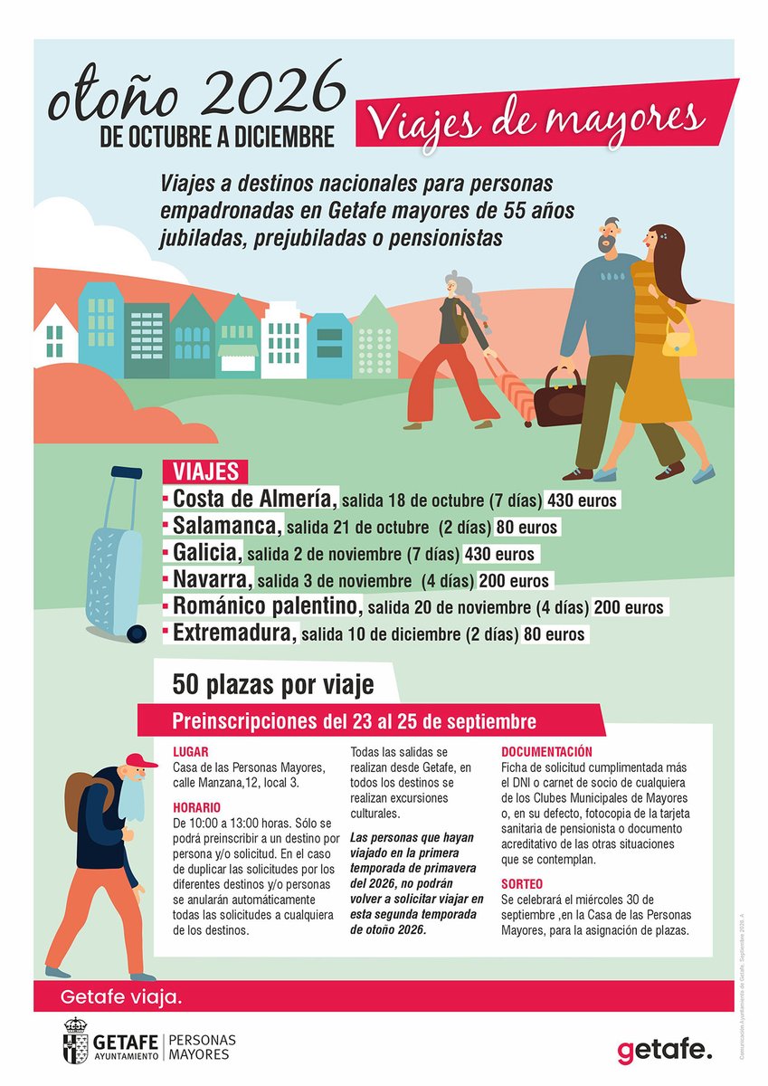 aytogetafe's tweet photo. Getafe amplía a 450 plazas para los viajes municipales de personas mayores en otoño.

🗓️ Preinscripciones del 23 al 25 de septiembre
🕙 De 10:00 a 13:00 h
📌 Casa de las Personas Mayores, calle Manzana 12

Más información:
https://t.co/pk7tJImCc5 https://t.co/wB0CGkzjsH