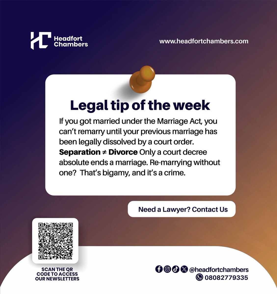 HeadfortChamber's tweet photo. It’s another Monday and Headfort Chambers has took it upon herself to remind YOU that Bigamy is a Crime under the Nigeria Law.
#HeadfortChambers #Bigamy #LegalTips #MondayMotivation https://t.co/y5YINs110T