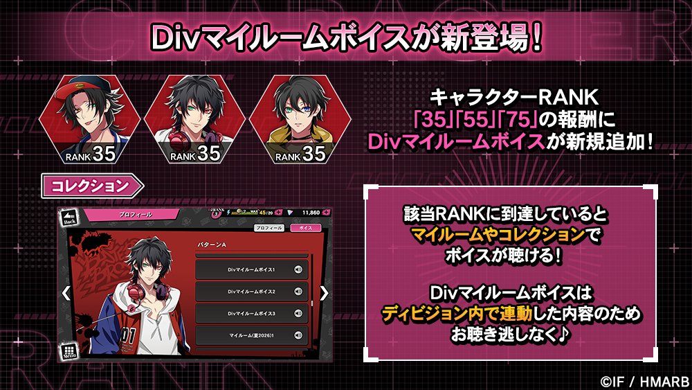 hypnosismic_arb's tweet photo. ＼新キャラクターRANK報酬が登場🎁／

キャラクターRANK
「35」「55」「75」の報酬に
〈Divマイルームボイス〉が追加✨

ディビジョン内で連動したボイスなので
お聴き逃しなく👀🔊

※到達済みの場合、マイルーム・コレクションですぐに聴くことができます

#ヒプマイ #ヒプマイARB https://t.co/6AZS8iz5Ht