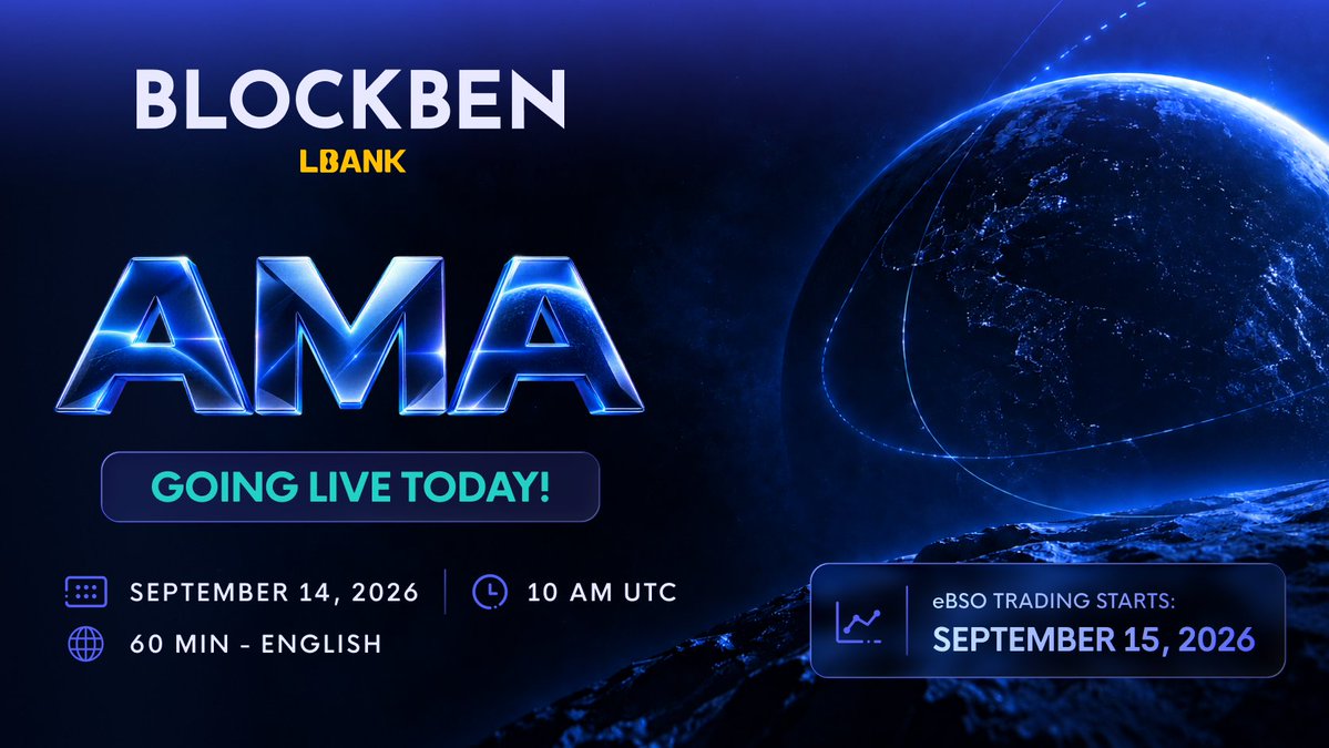BlockBen's tweet photo. 🚀 AMA TODAY at 10:00 AM UTC! Join us for an AMA session with LBank and learn more about us, our ecosystem, and what’s ahead!

🎁 105,000 $EBSO will be shared with the community!

Complete these 4 simple steps to participate: 
⭐ Follow: @LBank_Exchange & @BlockBen 
⭐ Like, repost & tag 3 friends
⭐ Set a reminder for the Space: https://t.co/c9NWEHEcrW
⭐ Submit the form: https://t.co/k15fqbAPUS

See you there! 🔥

#LBankSpaces #EBSO #AMA #giveaway