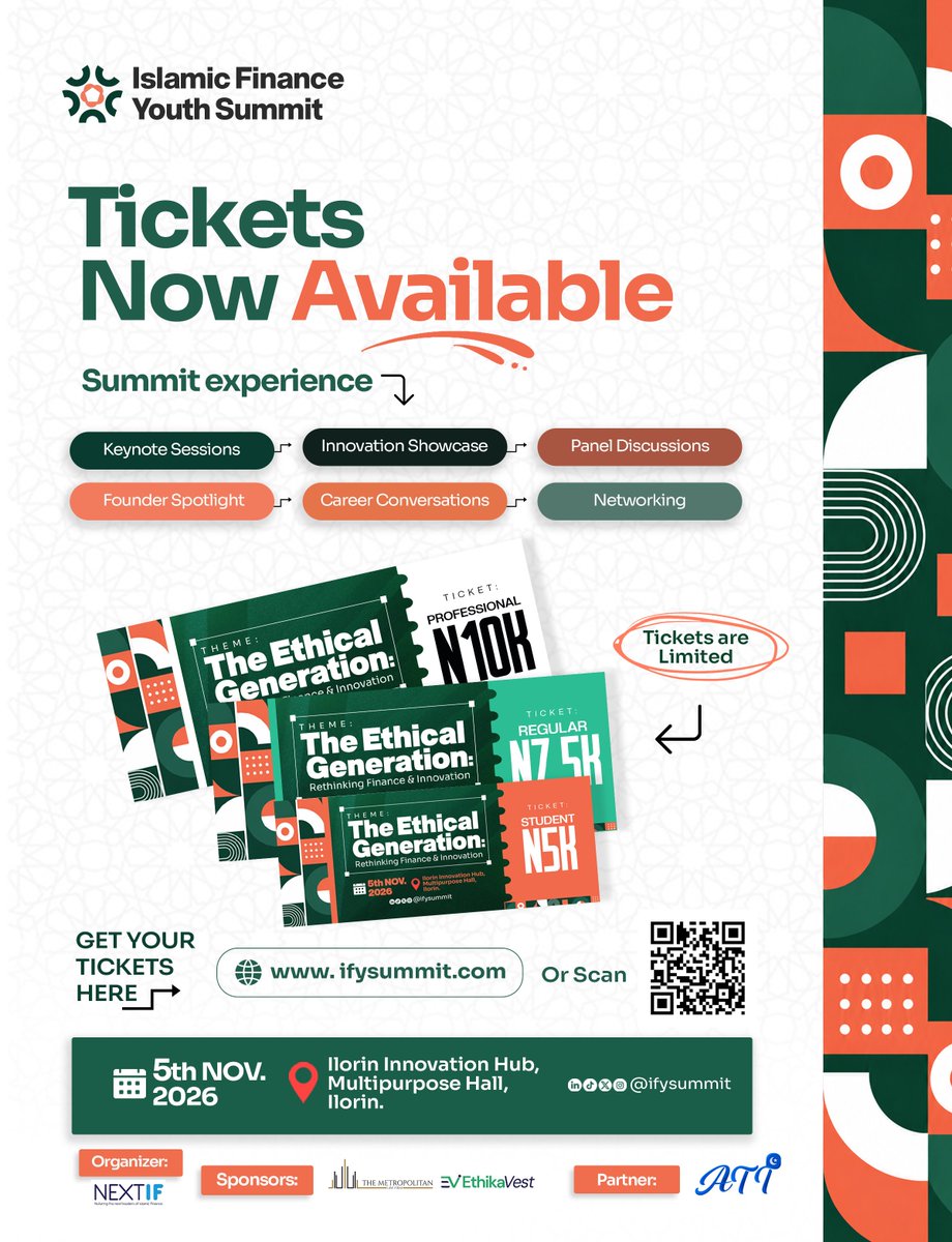 IfySummit's tweet photo. @IfySummit 2026 is bringing together changemakers to rethink what finance can —and should— look like.

Tickets are now available from ₦5,000.

5th November 2026
9:00 AM Prompt
Ilorin Innovation Hub

Limited tickets available.

Get yours at https://t.co/h45ZtTjRta

#IFYS https://t.co/iwrhR5tAKB