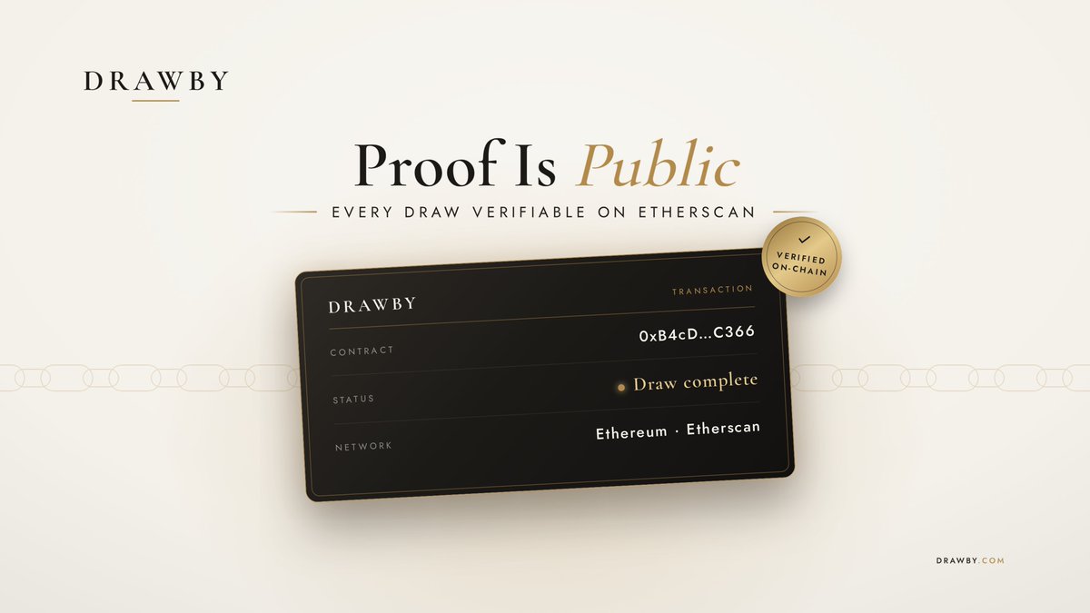 Drawbyofficial's tweet photo. NOTHING IS HIDDEN. DRAWBY IS TRANSPARENT 🔍

Every draw is recorded on-chain, and the smart contract address is open for anyone to check. When a competition closes, the result is right there on Etherscan, no login, no permission needed.

Learn more here: https://t.co/0ZZgHsvhtz https://t.co/BCdmpMDbpX