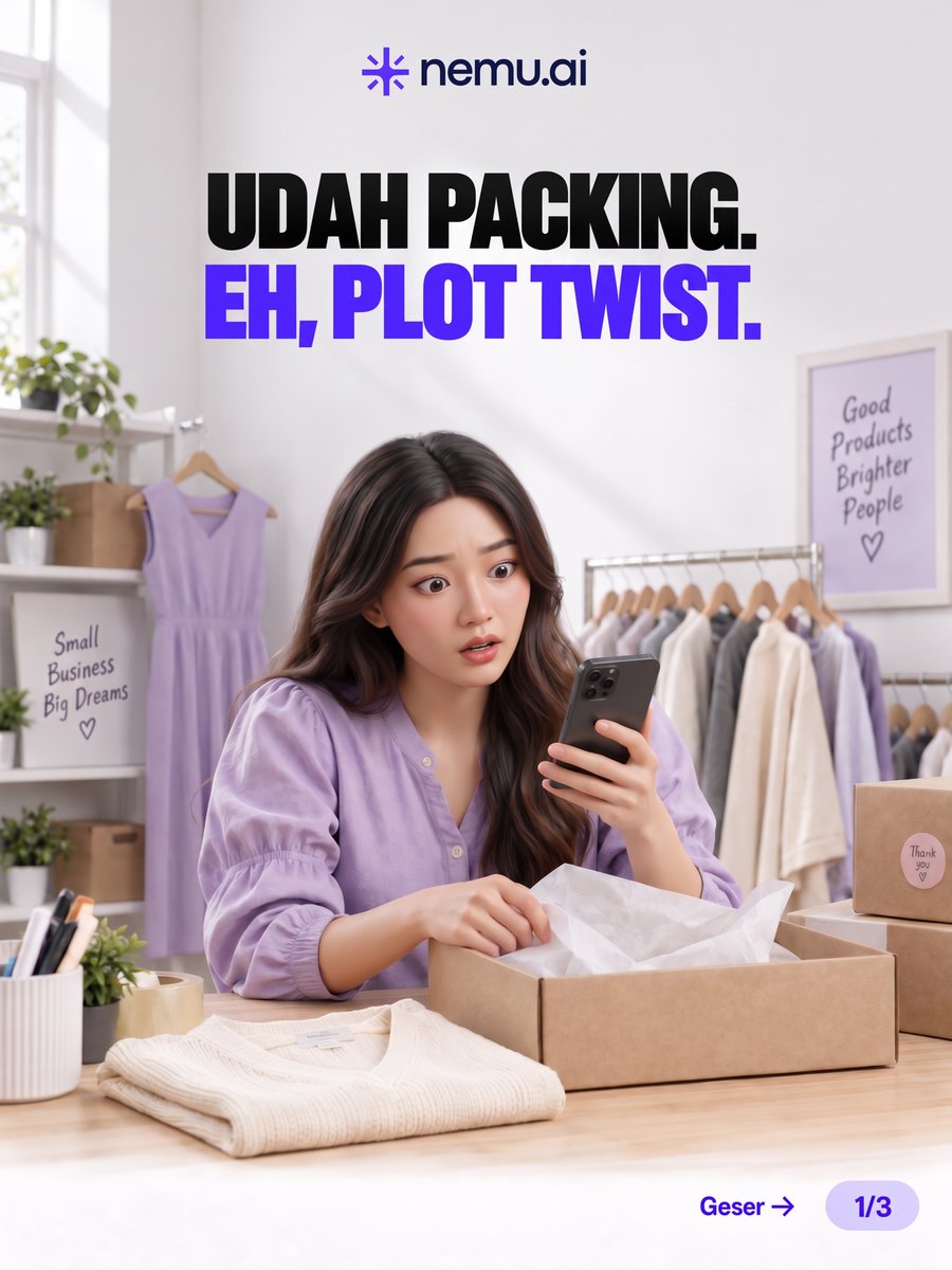 NEMU__AI's tweet photo. Udah pegang lakban, buyer malah “skip dulu, Kak” 😭
Daftar Official Seller NEMU lewat link di bio 💜 NEMU Live udah ada di dashboard seller.

Spill detail produk, jawab keraguan buyer. Live sesuai jadwal terkonfirmasi.
#NEMU #NEMULive https://t.co/NwlDMr5Cp7