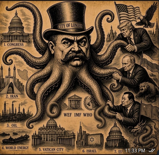TheRabbitH0LZ's tweet photo. Which was first Intelligence agency ? ... MI6. 1909

Who created the CIA ? ... MI6. 1947
   
Who created Israel ? ... City of London Bankers (Rothschilds) 1948
 
Who created Mossad ? ... MI6. 1949

Who met at Jekyll Island ... City of London Bankers 1910

Who ended the Hamiltonian Financial System (1788) in the USA ? ...City of London Bankers & Woodrow Wilson 1913.
 
Who created the Federal Reserve ? ... City of London Bankers. 1913

Who controls Canada ? ...  City of London. Carney (City of London Banker).

Who controlled Venezuela and Cuba? ...City of London.

Who removed the Shar? ... City of London. 1979
 
Who created Iran as it is now ? City of London 1979

Who was behind the scenes and funneled weapons to Iran through Israel ? City of London. 1986  (Iran Contra)

Who controlled all the maritime traffic through the Strait of Hormuz for the last 50 years  (Trillions $) ? ... Lloyds of London Market place. 1979- 2026. (City of London).

Who controlled the price of Oil for last near 50 years (Trillions $) ? ... Brent Oil Futures (City of London)
  
Who helped create OPEC via BP in Iran (1909) and Venezuelan Oil Minister Juan Pablo Perez Alfonzo ? (City of London) 1960

Who controlled the oil revenue from OPEC from 1970 onwards (Trillions $) ? (The City of London Banking Cartel)  

The Banking cartel consists of 13 prominent families, and yes the Rothschilds are among them. 
Epstein and Israel are just one small part ...of a massive world wide, money, weapons, drugs and human trafficking network.  (Trillions $) 

This involves Banking Cartels, Intelligence Agencies, Countries, Governments, Criminal Cartels, Gangs.... And it all stems from one or two control centers around the world. 

The first and foremost of those is the City of London. Then Washington DC and The Vatican City. 
(There is also a new one popped up in Dubai, same MO) 

Every US President who has fought against this Evil Empire has been shot, poisoned and assassinated.  From Lincoln, to McKinley, to JFK, to Regan, to Trump. And all the others.... 10 approximately total. 

There have been approximately 10 potential assassination attempts aimed at President Trump.

Trump is breaking free of the Globalist Ideology, he is pushing Sovereignty..... 
He is ENDING the The City of London's domination of the world and the worlds Energy markets. 
Ending the flow of money.... (Bessant)
One step at a time.
Venezuela, Iran, Israel, Strait of Hormuz, Middle East, Cuba....Canada, Ukraine.

He is connecting with other sovereigntist countries around the globe. 
Including Russia and China.... and many in South America. 
All will work together through trade. And will leave the Globalists behind to fester in their evil ways.

When the people of those countries wake up and break free... they will be welcomed into the new prosperous world filled with SOVEREIGN NATIONS working together trading together... As individual nations.   
@CryptoRichYT @ace_afire @PrometheanActn @StevenEKuhn