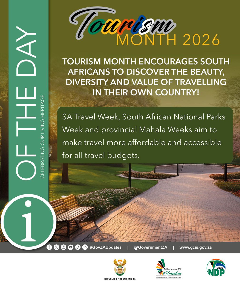 GovernmentZA's tweet photo. DID YOU KNOW? | Exploring South Africa can be affordable. Look out for SA Travel Week, South African National Parks Week and provincial Mahala Weeks for opportunities to enjoy memorable local experiences on different budgets.
#GovZAUpdates #TourismMonth2026 #ShotLeft https://t.co/oSsezkHiYG